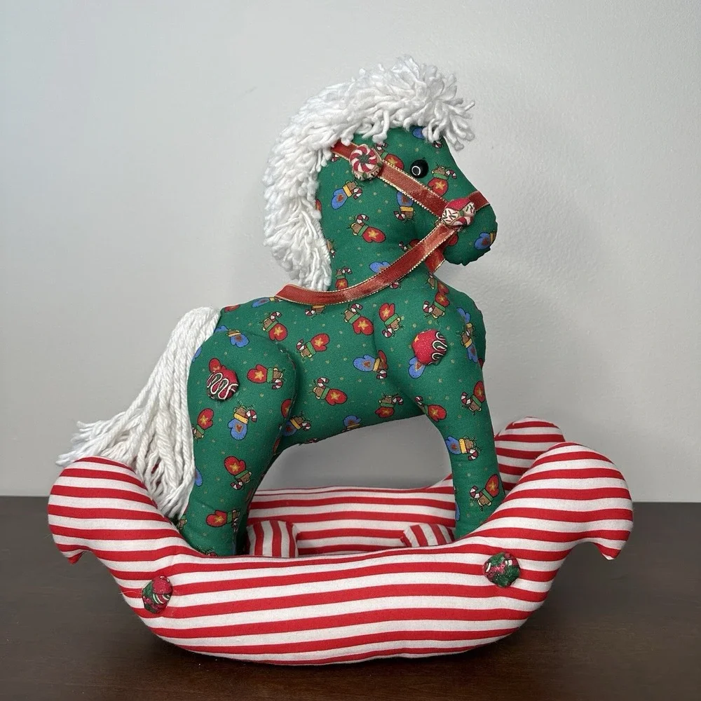 Handmade Rocking Horse Plush Christmas Holiday Quilted Patchwork Grannycore Red